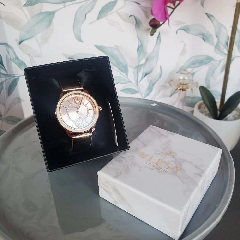 LIPSY | Leather Strap Watch w/ Rhinestone Face Detail in Rose Gold